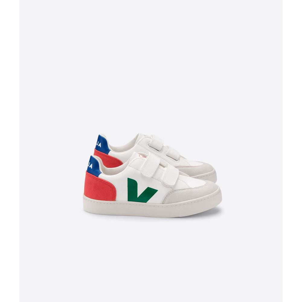 Kids\' Veja V-12 LEATHER Sneakers White/Green/Red | ZA 875CTV